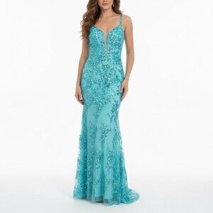 LAVETIR Turquoise Sequin Mermaid Prom Dress Evening Gown Size 4